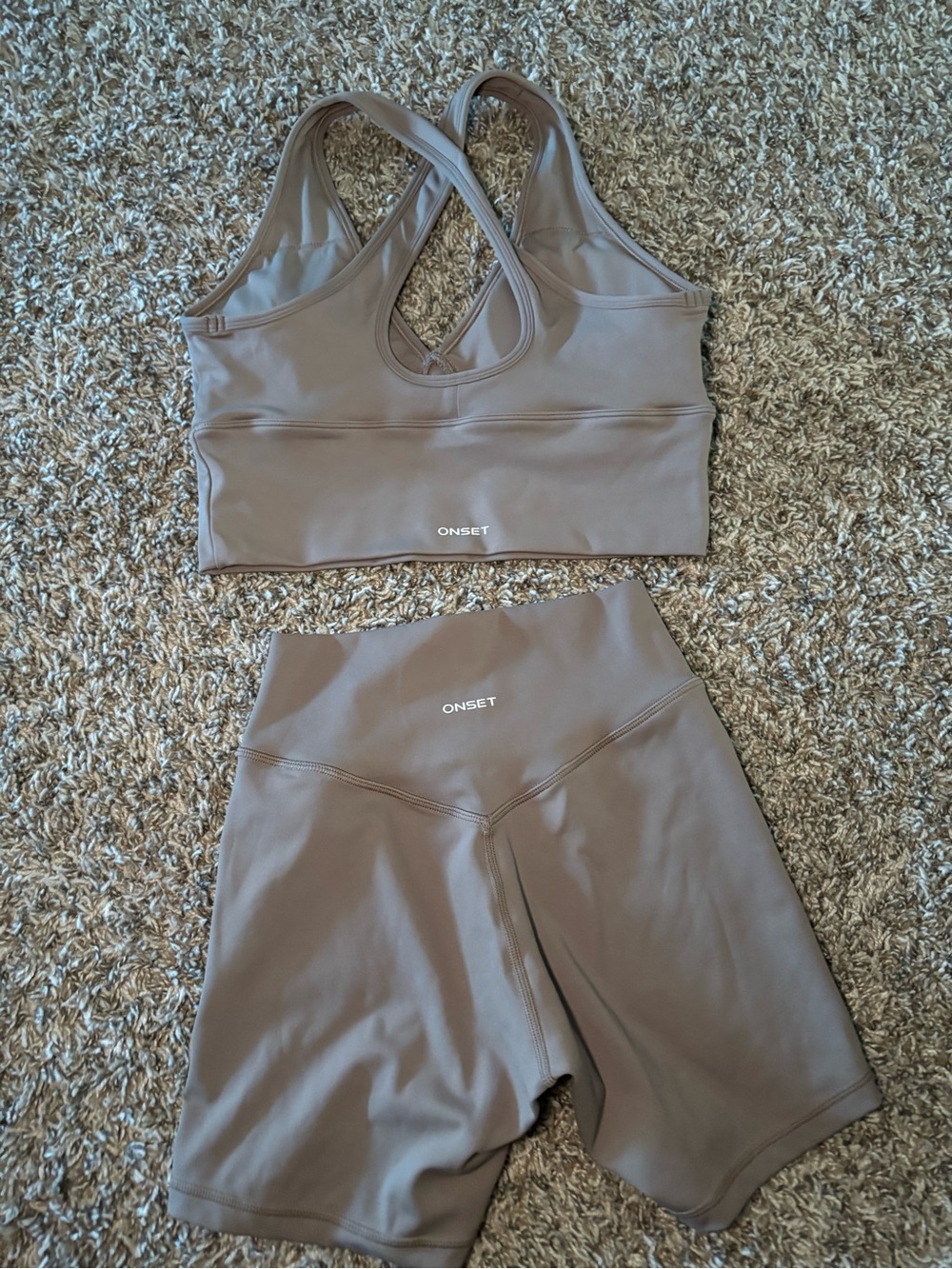 Onset Women's Signature Taupe Cross-Back Sports Bra & Shorts Set